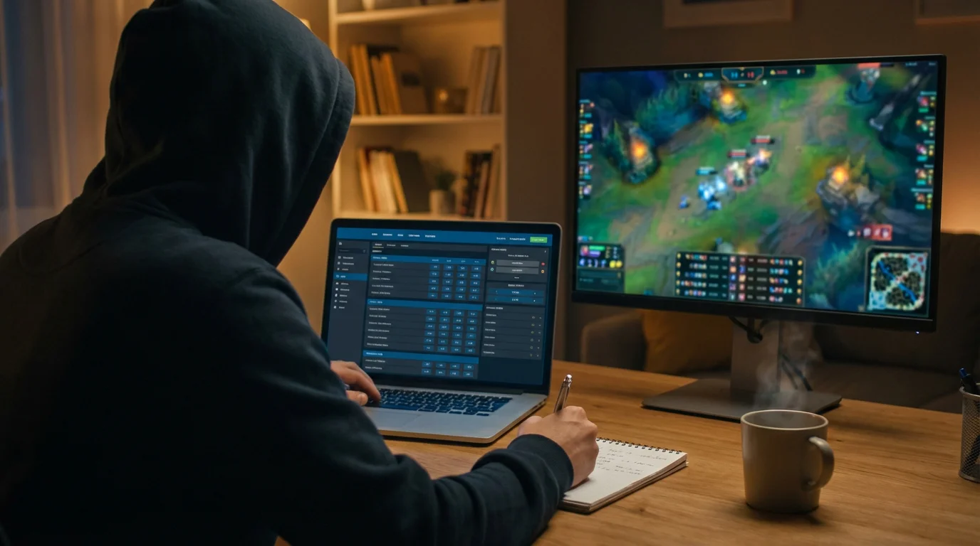 Persona analizando cuotas de apuestas de League of Legends esports en la pantalla de un portátil con notas de análisis