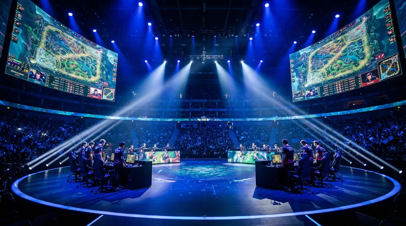 Escenario de competición de League of Legends esports durante un torneo profesional
