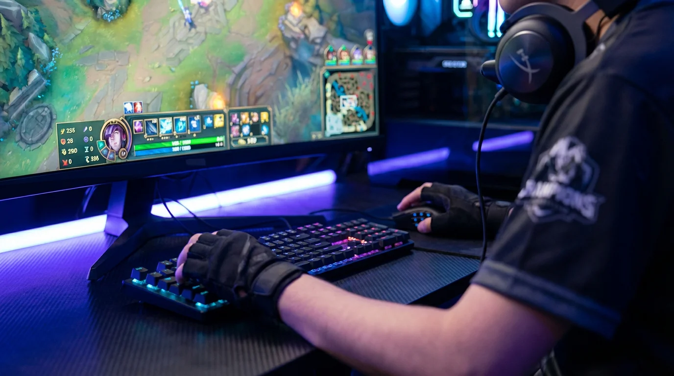 Partida competitiva de League of Legends esports con cinco jugadores coordinando estrategia en la Grieta del Invocador