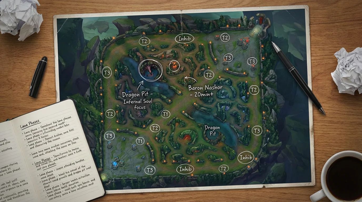 Vista aérea del mapa de la Grieta del Invocador de League of Legends con objetivos señalados
