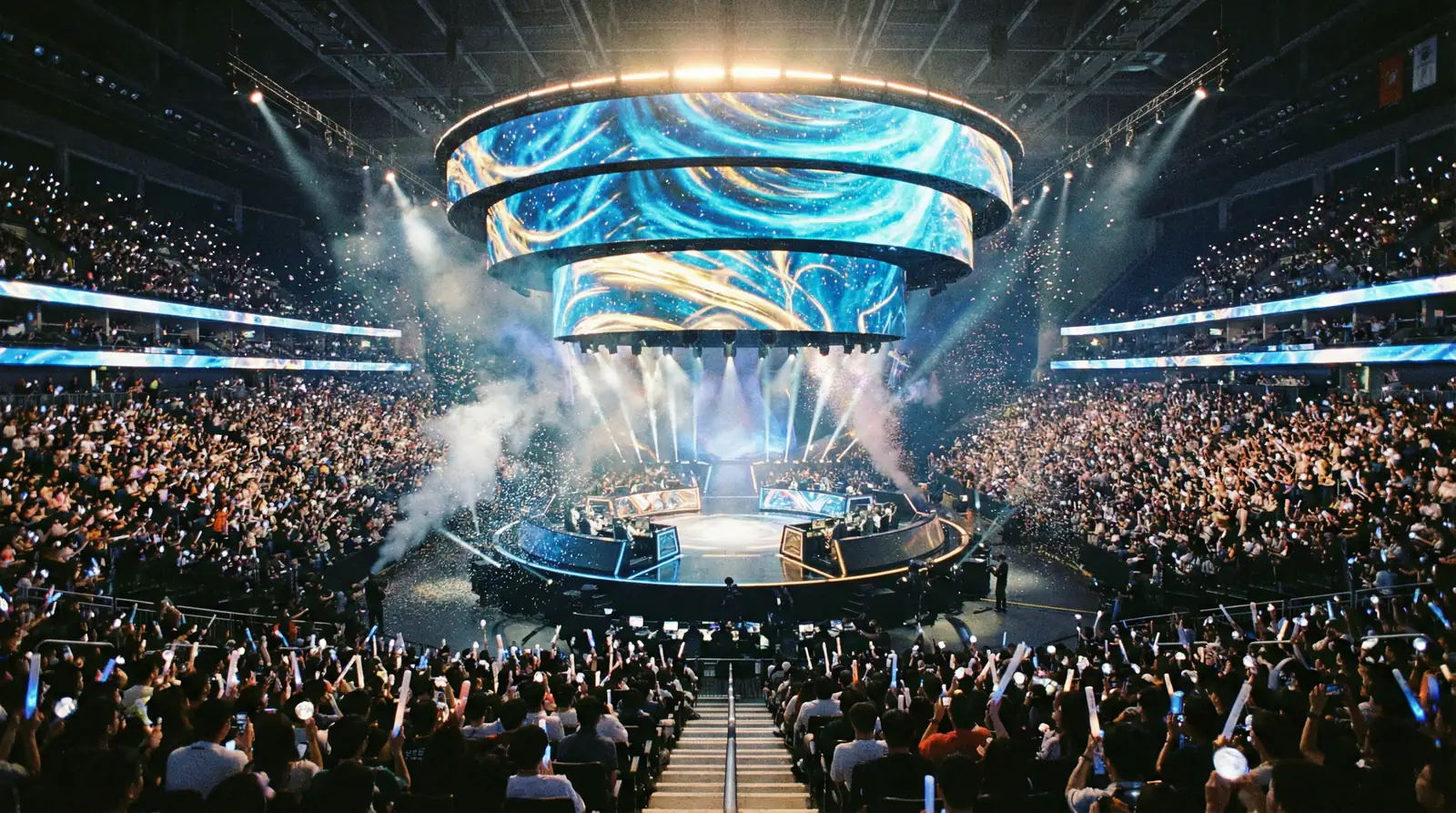 Escenario del campeonato mundial Worlds de League of Legends con público en las gradas y pantallas gigantes mostrando la partida